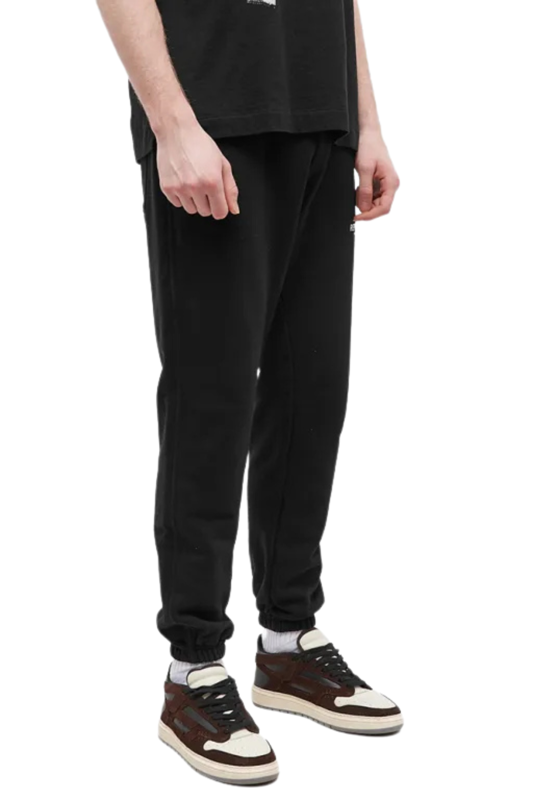 represent black relaxed fit sweatpant with an elastic waistband and straight cuffs, featuring side pockets and a visible branding logo on the back.