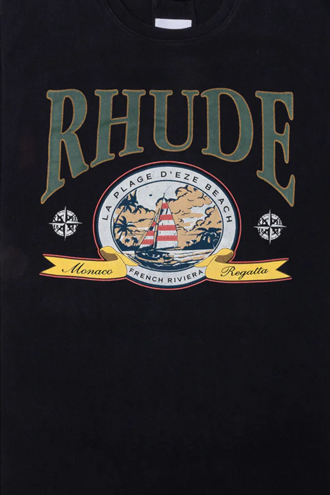 Black t-shirt with 'RHUDE' logo and graphic design on a dark background