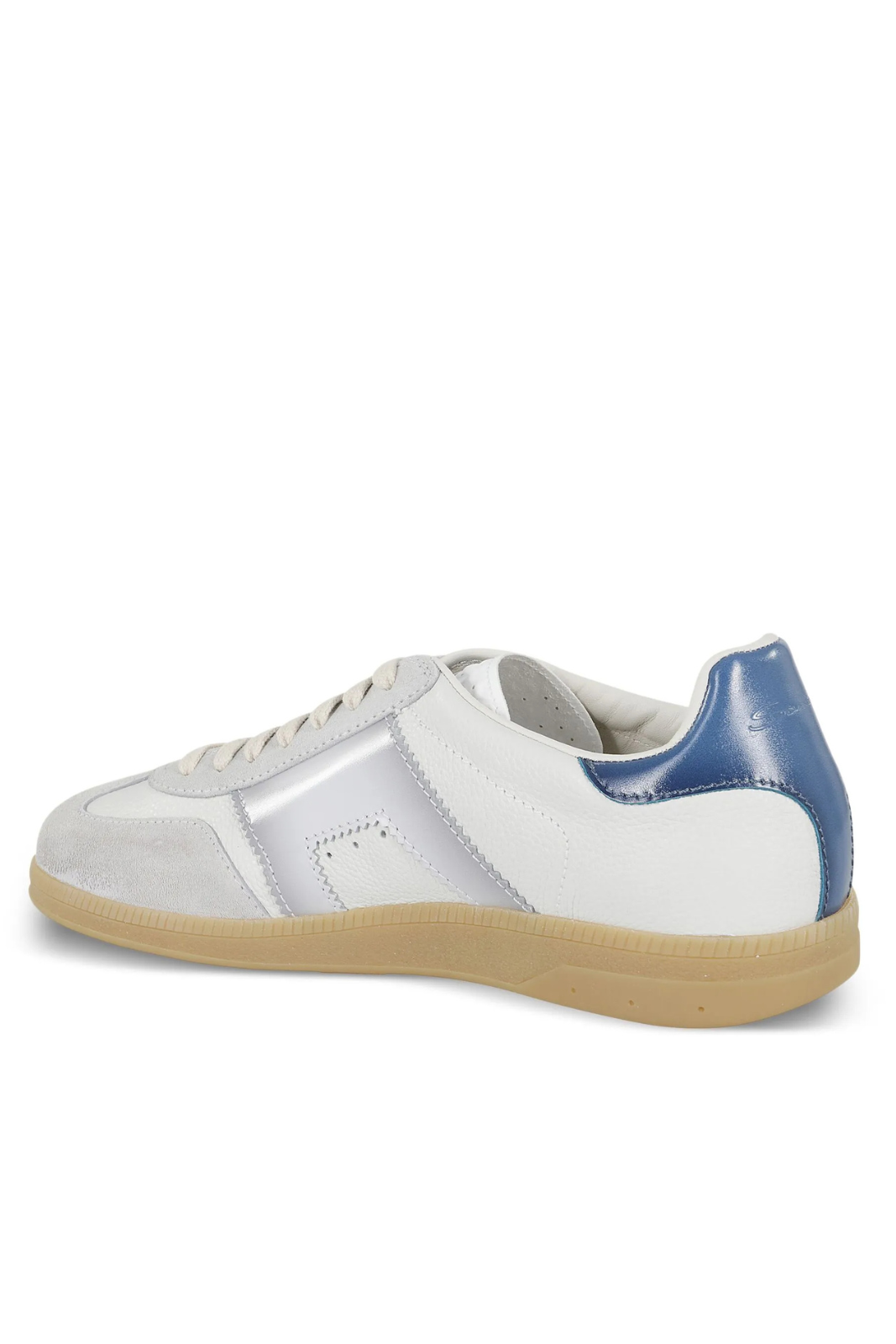 santoni white sneaker with blue heel and brown sole on a white background