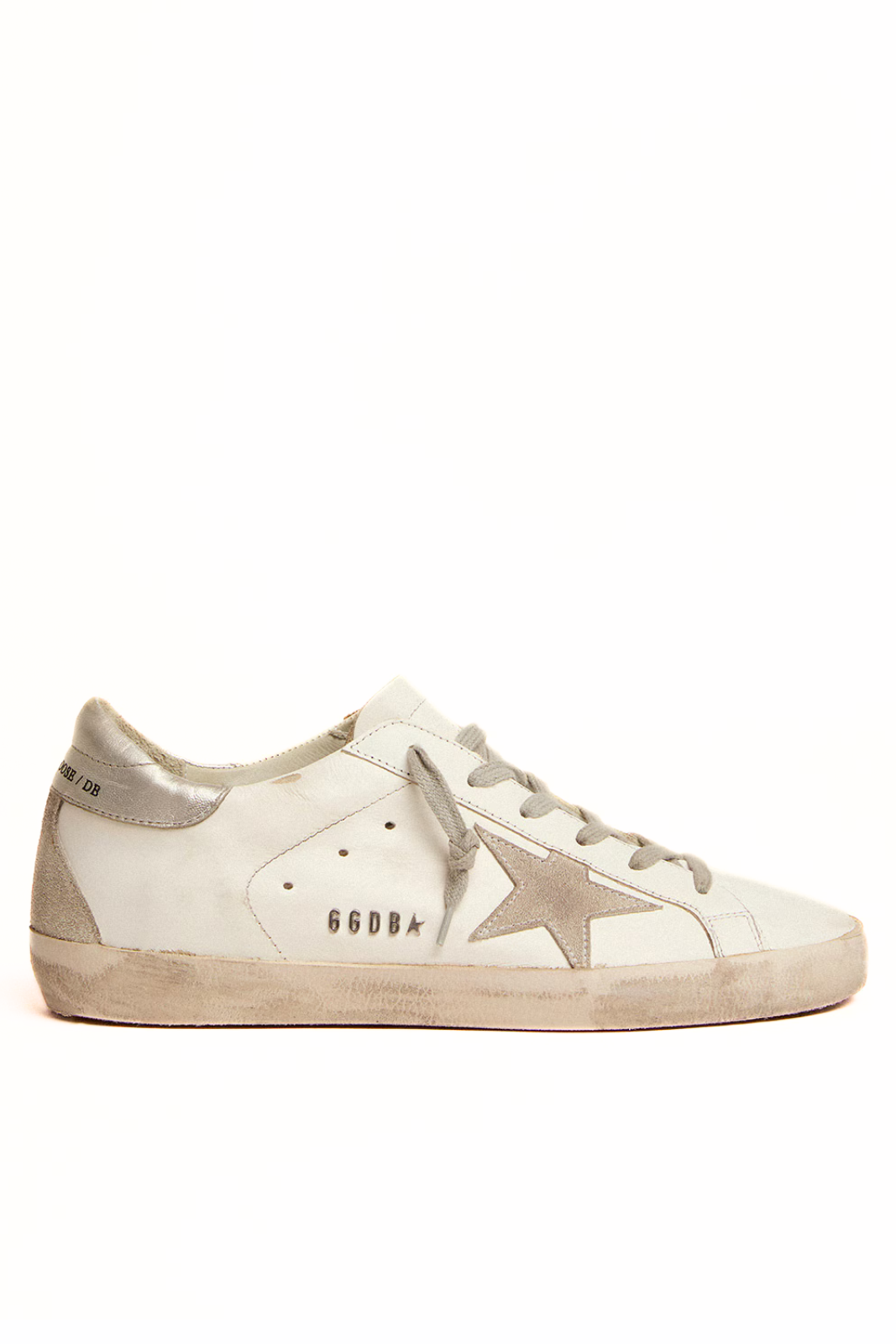Golden Goose men's Super-Star with silver heel tab and metal stud lettering