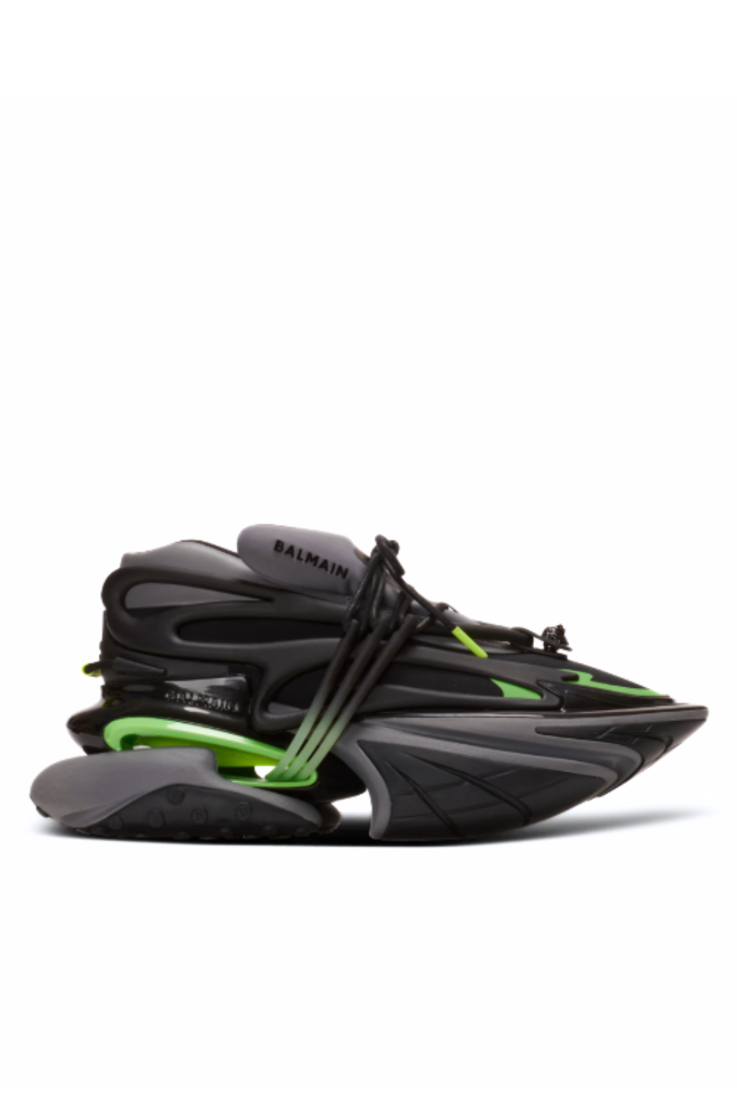 A pair of Balmain Unicorn low-top sneakers with black and green color scheme, featuring lace-up closure and a round toe style.