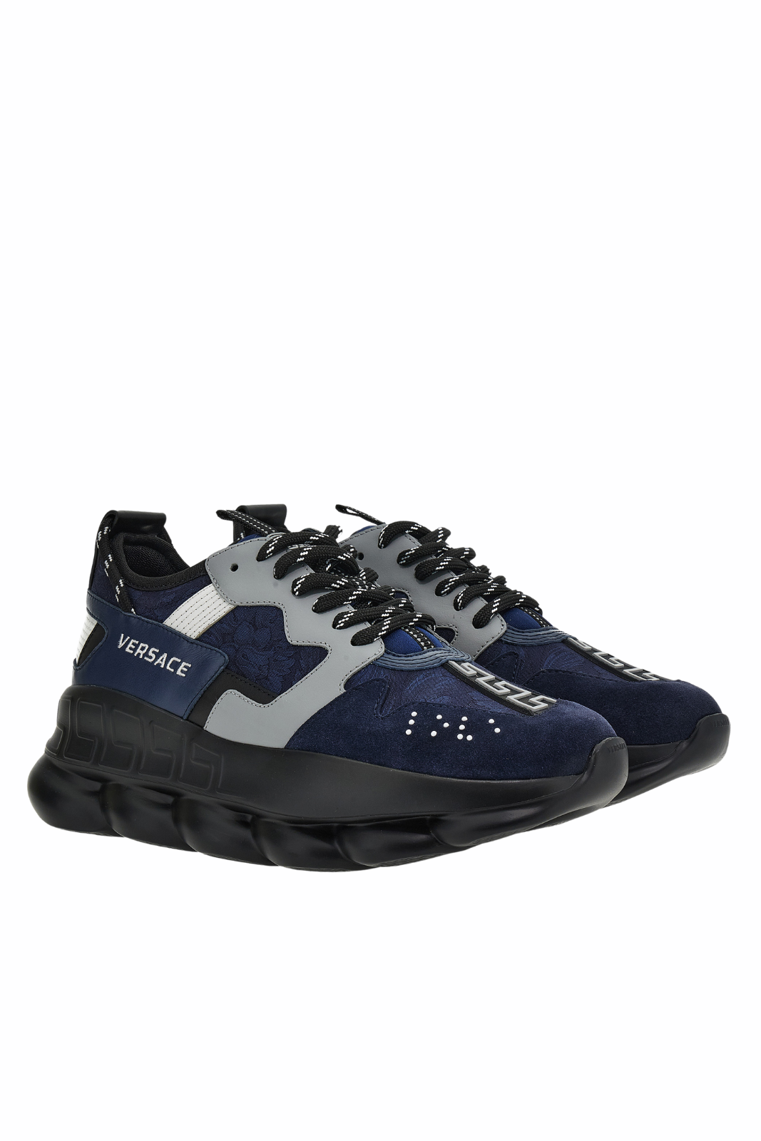 Versace Chain Reaction Low Top In Suede Jacquard Baroque Calf Leather