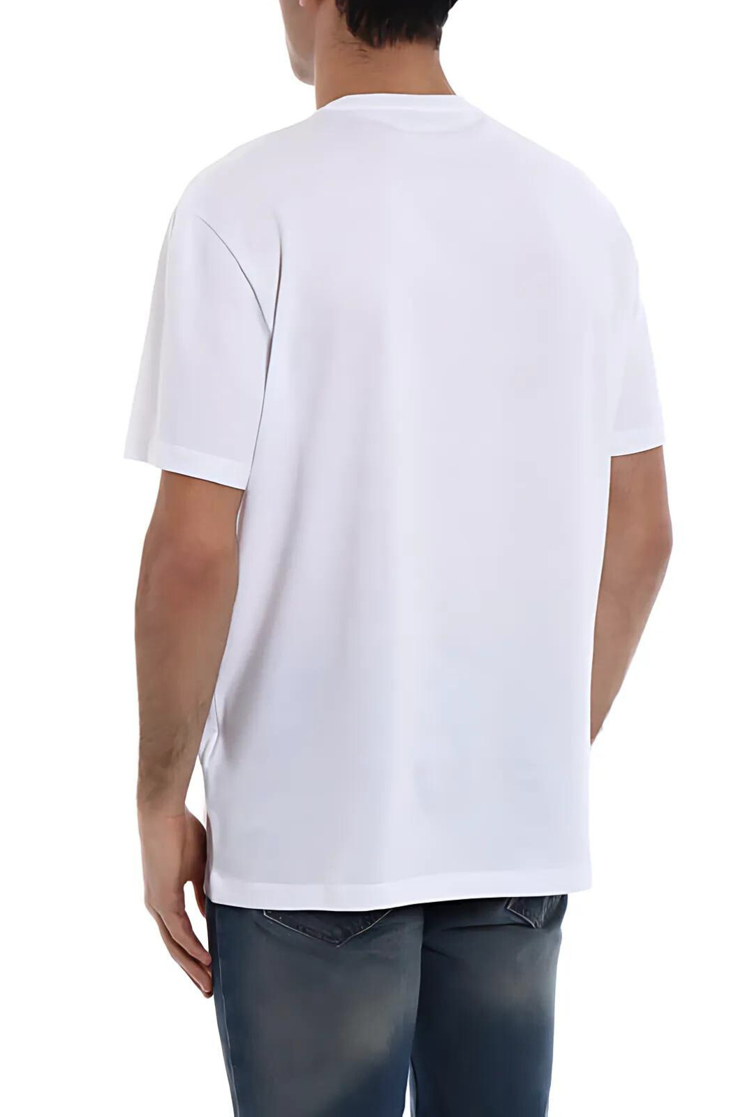 A white Versace t-shirt with contrasting logo embroidery on the chest.