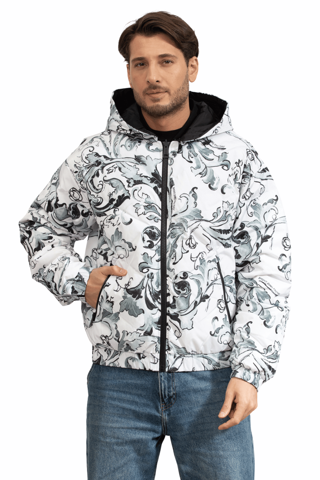 Versace Jeans Couture 50D Printed Porcelain Baroque Men's Puffer Jacket White
