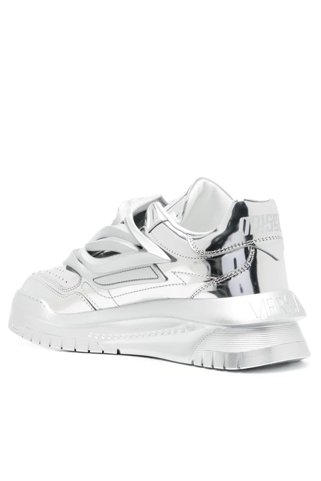 versace Silver high-top sneakers on a white background