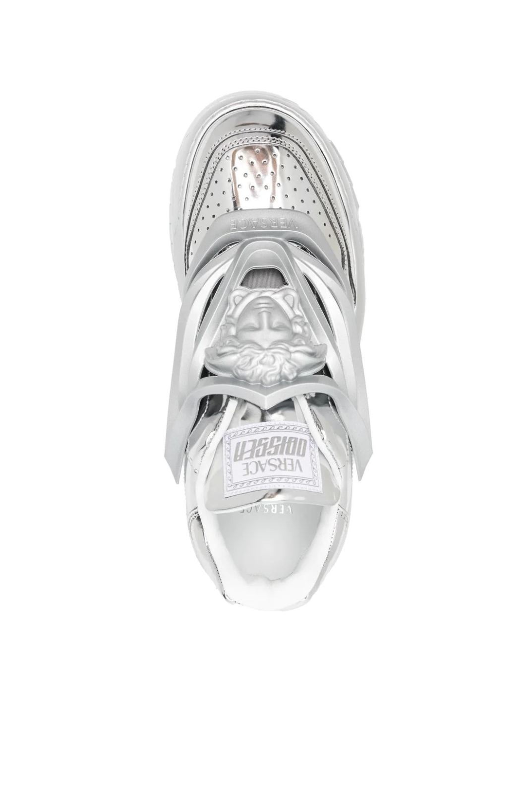 versace Silver high-heeled shoes with a brand logo on a white background