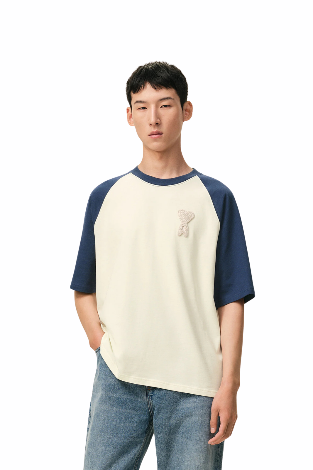 Ami Paris White And Blue Cotton Ami De Coeur Knitted Patch T-shirt