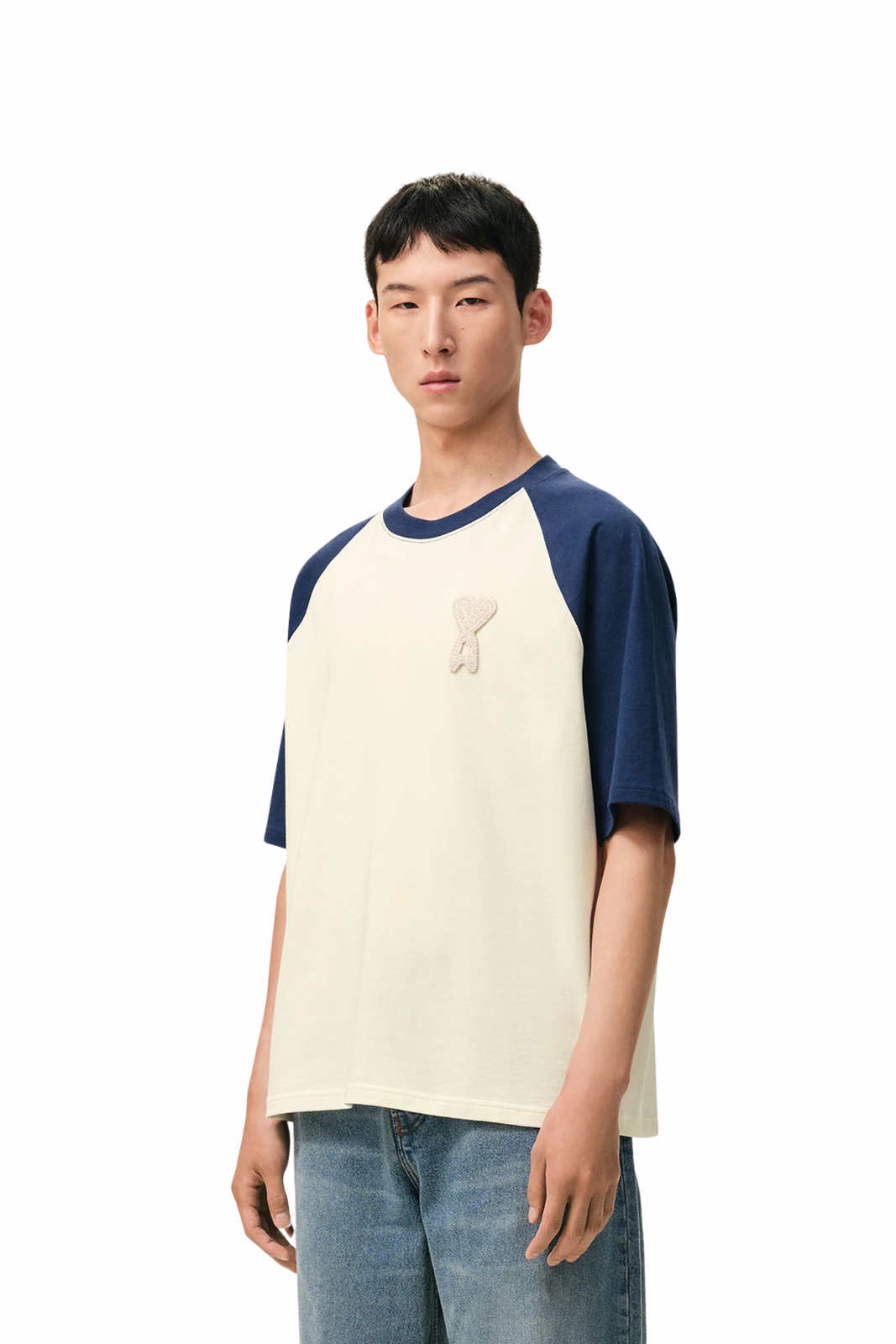 Ami Paris White And Blue Cotton Ami De Coeur Knitted Patch T-shirt