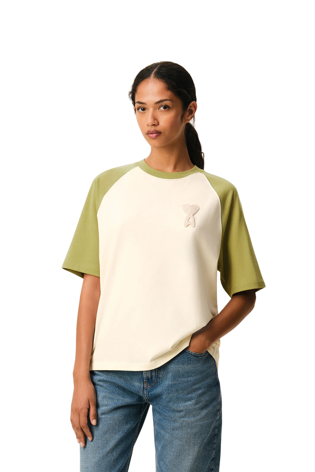 Ami Paris White And Green Cotton Ami De Coeur Knitted Patch T-shirt