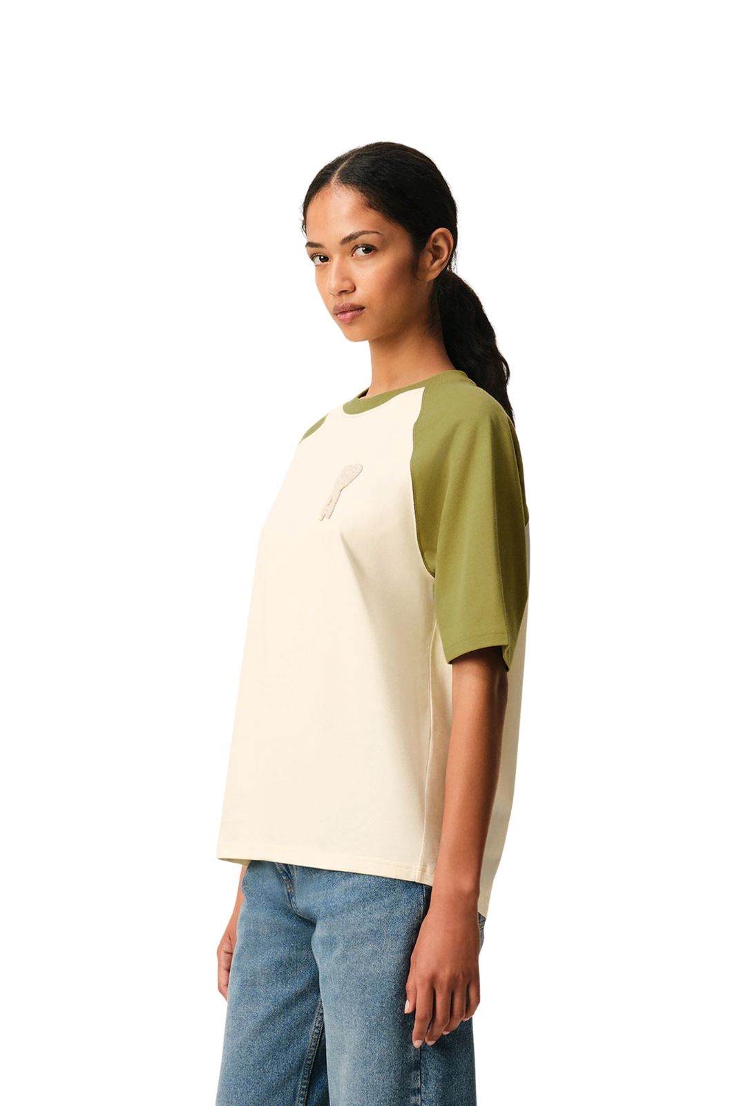 Ami Paris White And Green Cotton Ami De Coeur Knitted Patch T-shirt