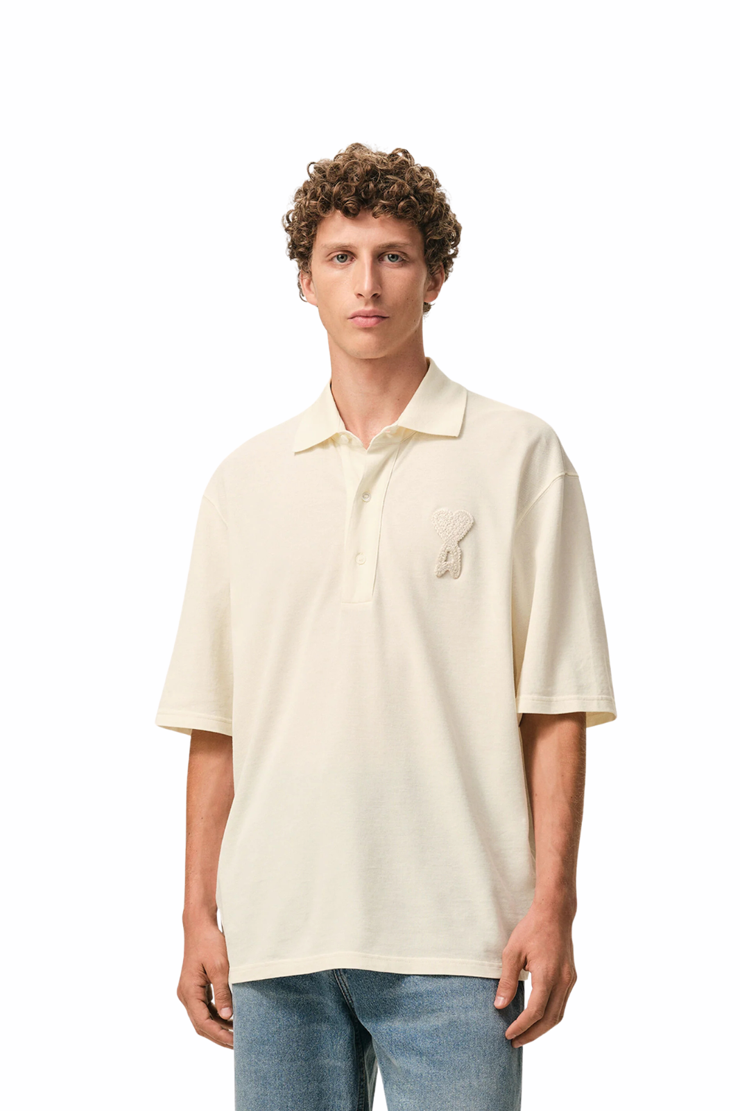 Ami Paris White Cotton Ami De Coeur Knitted Patch Polo