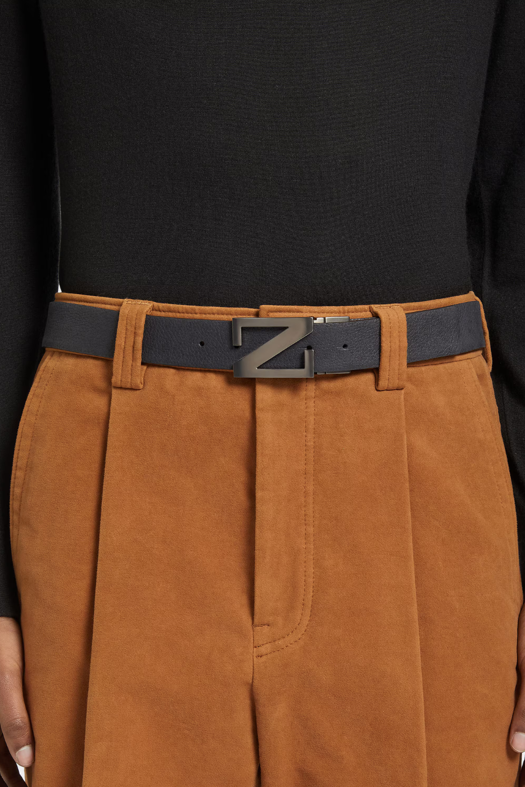Zegna black belt featuring a silver logo against a black background